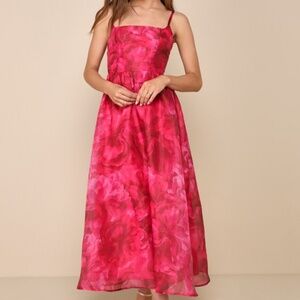 Lulus Darling Icon Dark Pink Floral Organza Lace-up Midi Dress - Size S